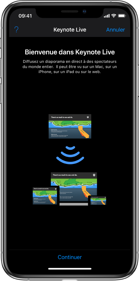 Fenêtre présentant Keynote Live avec le bouton Continuer au bas de l’écran.