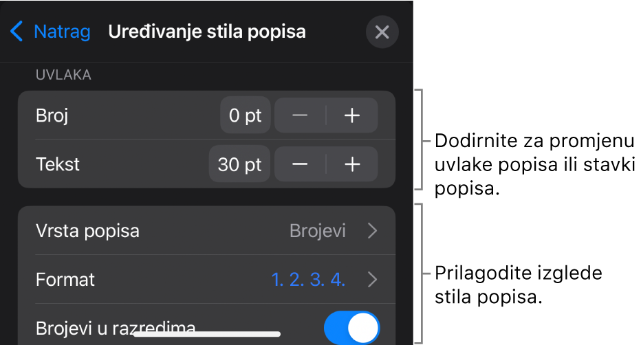 Izbornik Uredi stil popisa s kontrolama za uređivanje vrste i izgleda popisa.