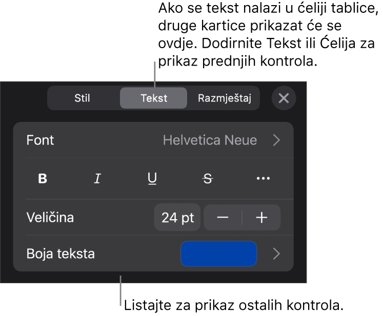 Kontrole teksta u izborniku Format za postavljanje paragrafa i stilova paragrafa, fonta, veličine i boje.