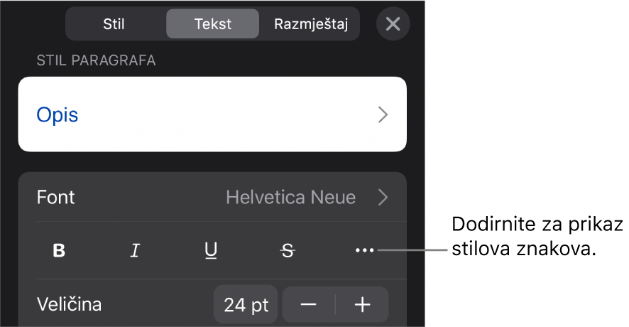 Kontrole opcije Formatiraj sa stilovima paragrafa pri vrhu, zatim kontrole Fonta. Ispod su tipke opcija teksta Podebljano, Kurziv, Podcrtavanje, Precrtavanje i Više.