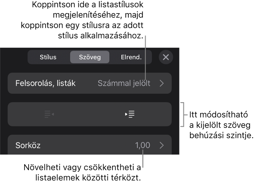 A Formátum vezérlők Felsorolások és listák része, a Felsorolásokat és a listákat, a kihúzás és a behúzás gombokat, valamint a sor térköz vezérlőket jelölő feliratokkal.