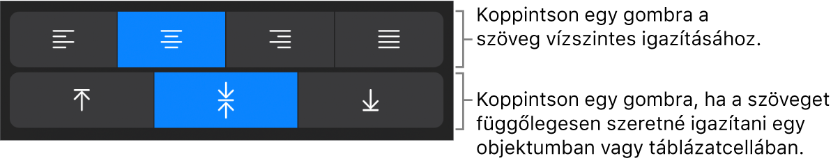 A szövegek vízszintes és függőleges igazítására szolgáló gombok.