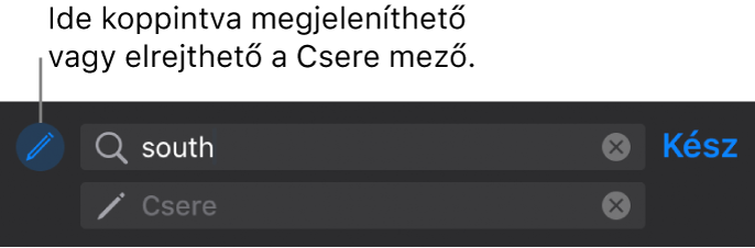 Szöveg keresésére és cseréjére szolgáló vezérlők.