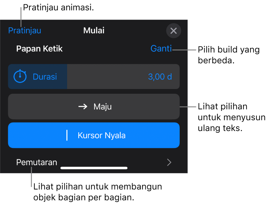 Pilihan build termasuk Durasi, Animasi Teks, dan Pengiriman. Ketuk Ubah untuk memilih build berbeda, atau ketuk Pratinjau untuk mempratinjau build.