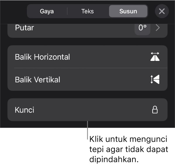 Tombol Susun di menu Format dengan tombol Kunci dijelaskan.