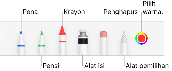 Bar alat gambar dengan alat pena, pensil, krayon, isi, penghapus, alat pemilihan, dan bidang warna yang menampilkan warna saat ini.