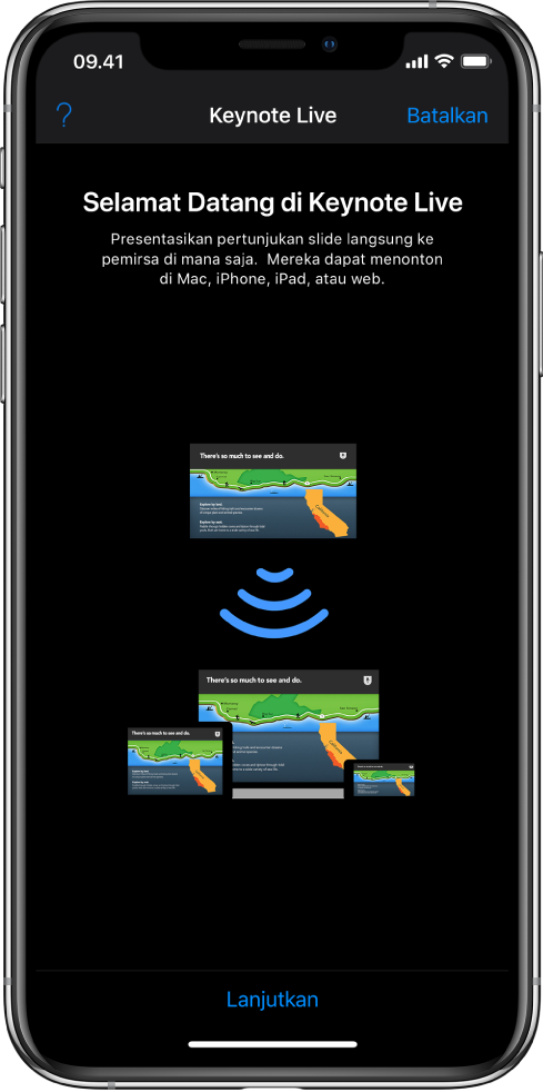 Jendela memperkenalkan Keynote Live dengan tombol Lanjutkan di bagian bawah.