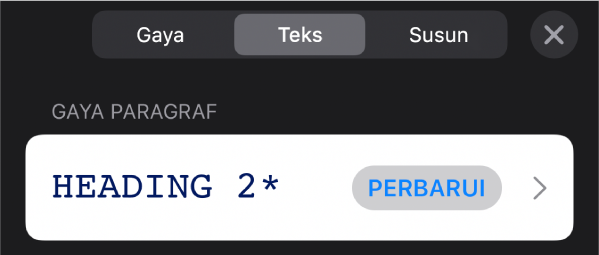 Gaya paragraf dengan asterisk di sampingnya dan tombol Perbarui di sebelah kanan.