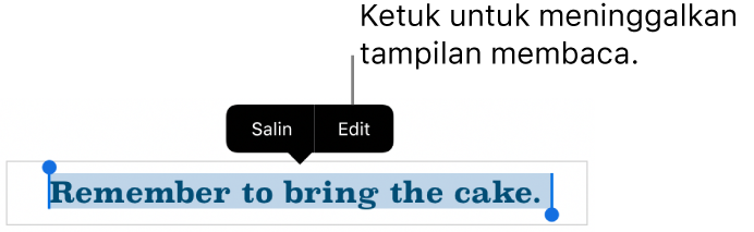 Kalimat dipilih, dan di atasnya terdapat menu kontekstual dengan tombol Salin dan Edit.