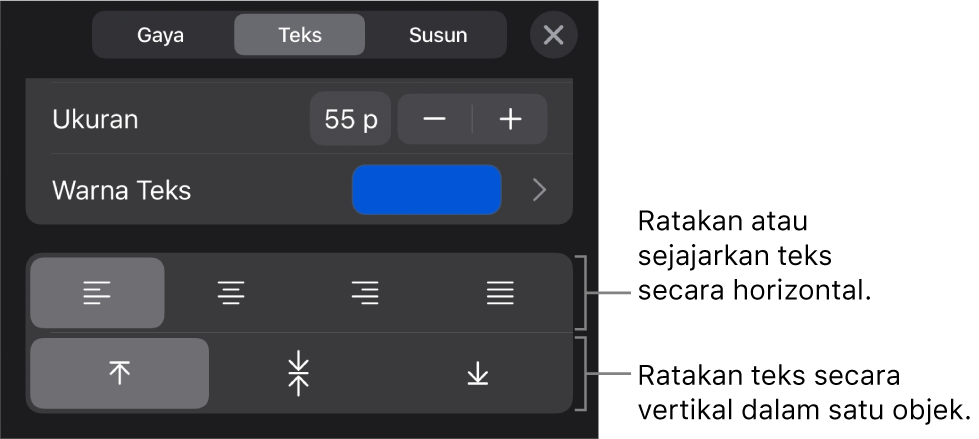 Bagian Perataan pada tombol Format dengan callout untuk tombol perataan teks.