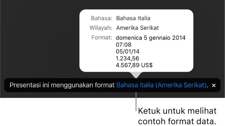 Pemberitahuan pengaturan bahasa dan wilayah yang berbeda, menunjukkan contoh format dalam bahasa dan wilayah tersebut.