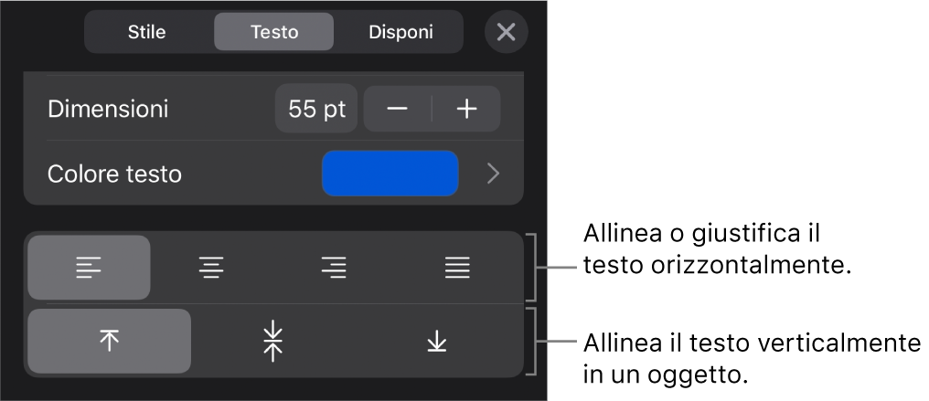 Sezione Allineamento del pulsante Formattazione con didascalie per i pulsanti di allineamento del testo.