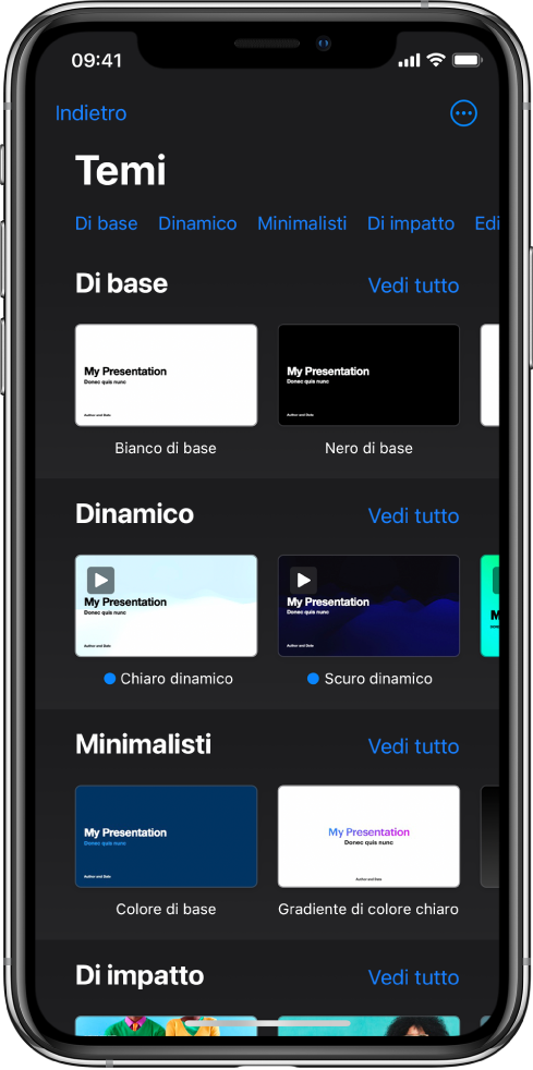  “Scelta temi”, in cui è visibile una riga di categorie nella parte superiore dello schermo che puoi toccare per filtrare le opzioni. Sotto si trovano le miniature di temi predefiniti organizzati in righe per categoria.