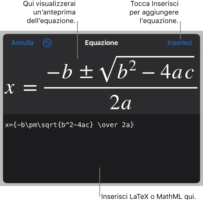 La formula quadratica scritta tramite LaTeX nel campo Equazione e un'anteprima della formula sotto.