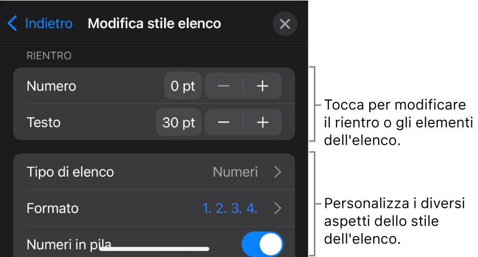 Menu “Modifica stile elenco” con controlli per modificare il tipo e l'aspetto dell'elenco.