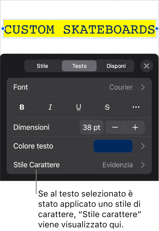 Controlli di Formato con “Stile carattere” sotto i controlli di Colore. Stile carattere Nessuno compare con un asterisco.