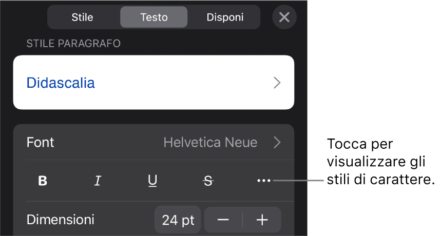 I controlli Formato con gli stili di paragrafo nella parte superiore, quindi i controlli Font. Sotto Font sono presenti i pulsanti Grassetto, Corsivo, Sottolineato, Barrato e “Altre opzioni di testo”.