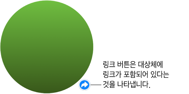 대상체가 링크로 연결되었음을 표시하는 링크 버튼이 있는 녹색 원.