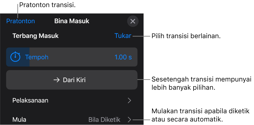 Kawalan dalam anak tetingkap Pilihan untuk mengubah suai transisi.