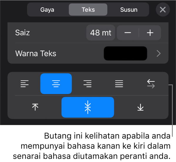 Kawalan teks dalam menu Format dengan petak bual ke butang Kanan ke Kiri.