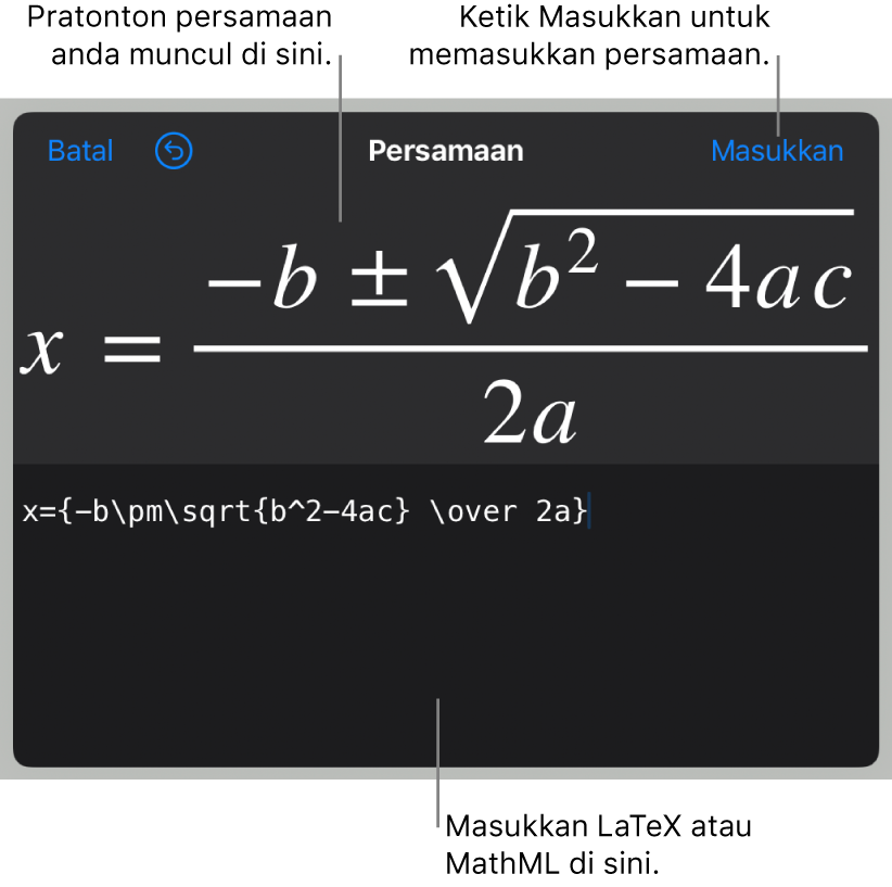 Formula kuadratik ditulis menggunakan LaTeX dalam medan Persamaan dan pratonton formula di bawah.