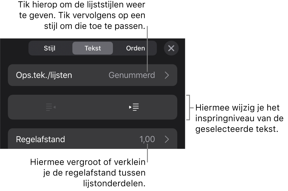 Het gedeelte 'Ops.tek./lijsten' van de opmaakregelaars met uitleg bij 'Ops.tek./lijsten', de inspringknoppen en de regelaars voor de regelafstand.