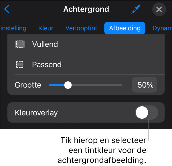 De achtergrondregelaars; als dia-achtergrond is een afbeelding ingesteld en onderaan staat de regelaar 'Kleuroverlay'.
