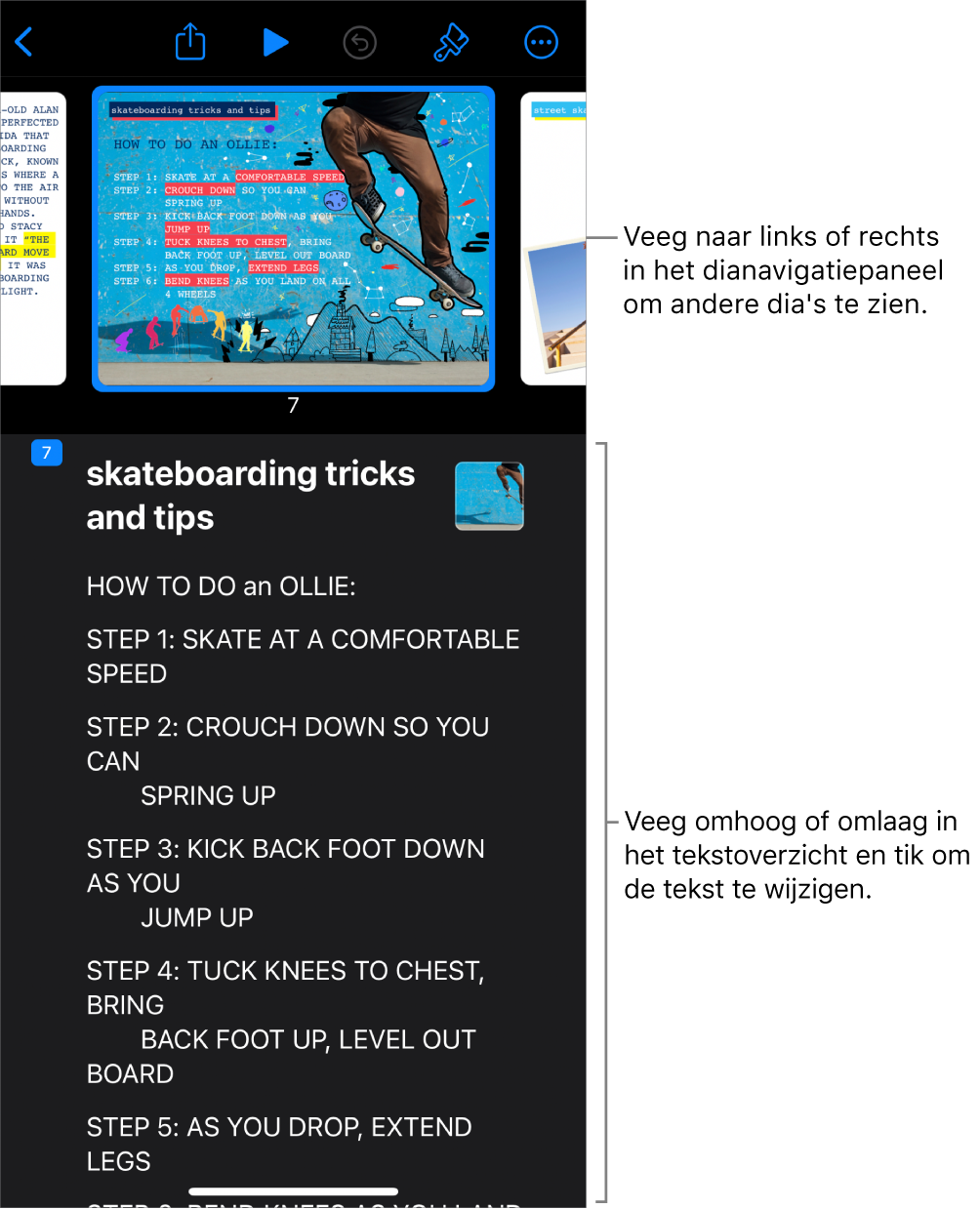 De overzichtsweergave met het horizontale dianavigatiepaneel boven in het scherm en het tekstoverzicht van een presentatie onderaan.