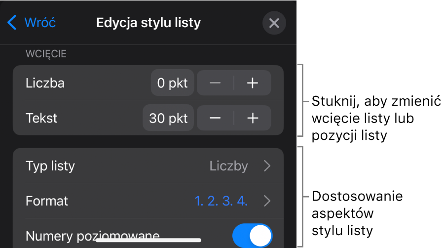 Menu Edycja stylu listy z narzędziami umożliwiającymi edycję typu i wyglądu listy.