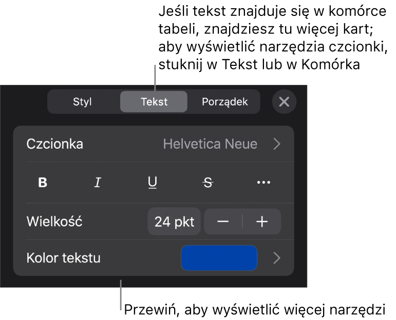 Narzędzia tekstów w menu Format służą do ustawiania stylów akapitu i znaków oraz czcionek ich wielkości i koloru.