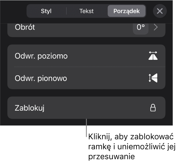 Narzędzia Uporządkuj w menu Format z wyróżnionym przyciskiem Blokuj.