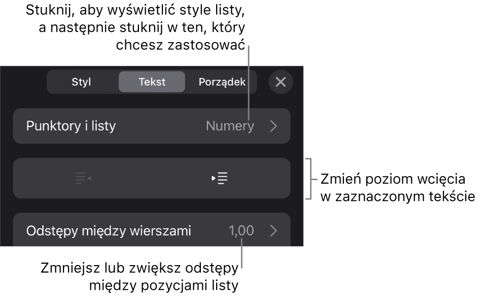 Sekcja Punktory i listy w narzędziach Format. Objaśnienia wskazują przyciski Punktory i listy, Wysunięcie oraz Wcięcie, a także narzędzia odstępów między wierszami.