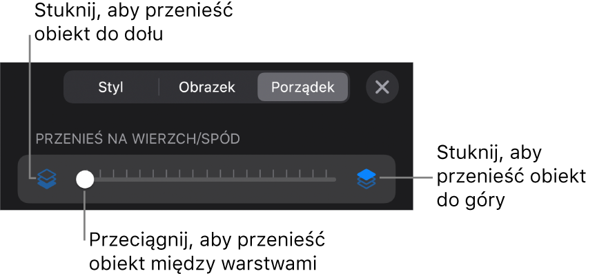 Przycisk przenoszenia niżej, przycisk przenoszenia wyżej i suwak warstw.