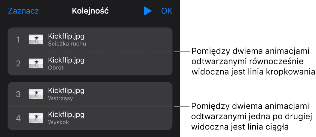 Menu Kolejność animacji z linią kropkowaną widoczną między dwoma animacjami odtwarzanymi jednocześnie oraz linią ciągłą między animacjami odtwarzanymi jedna po drugiej.