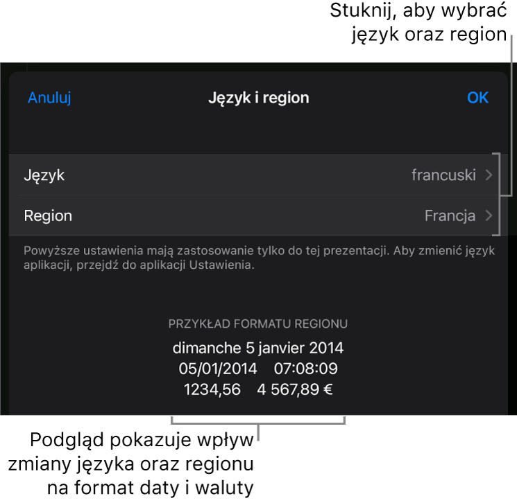 Panel Język i region z narzędziami do ustawień języka i regionu, a także przykład formatu zawierający datę, czas, liczbę dziesiętną oraz walutę.