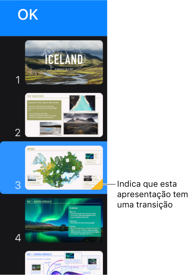 Um triângulo amarelo sobre um diapositivo indica que o dispositivo tem uma transição.