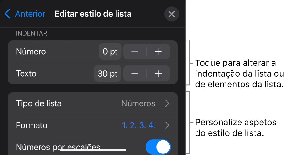 O menu “Editar estilo de lista” com controlos para edição do tipo e aspeto da lista.