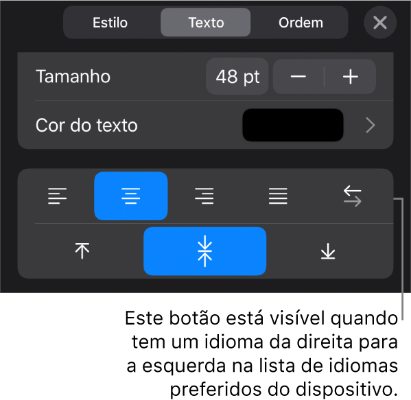 Controlos de texto no menu Formatação com uma chamada para o botão “Da direita para a esquerda”.