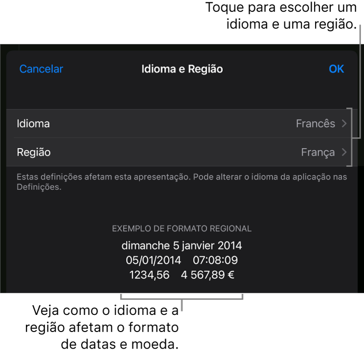 O painel “Idioma e região” com controlos de idioma e região e um exemplo da formatação, incluindo data, hora, decimal e moeda.