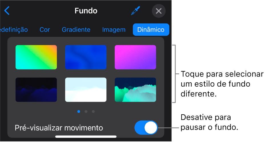 Os controlos de fundo dinâmico com as miniaturas do estilo de fundo e o botão “Pré‑visualizar movimento” apresentados.