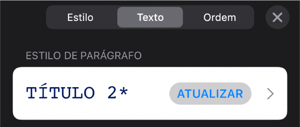 Um estilo de parágrafo com um asterisco junto ao mesmo e um botão Atualizar à direita.