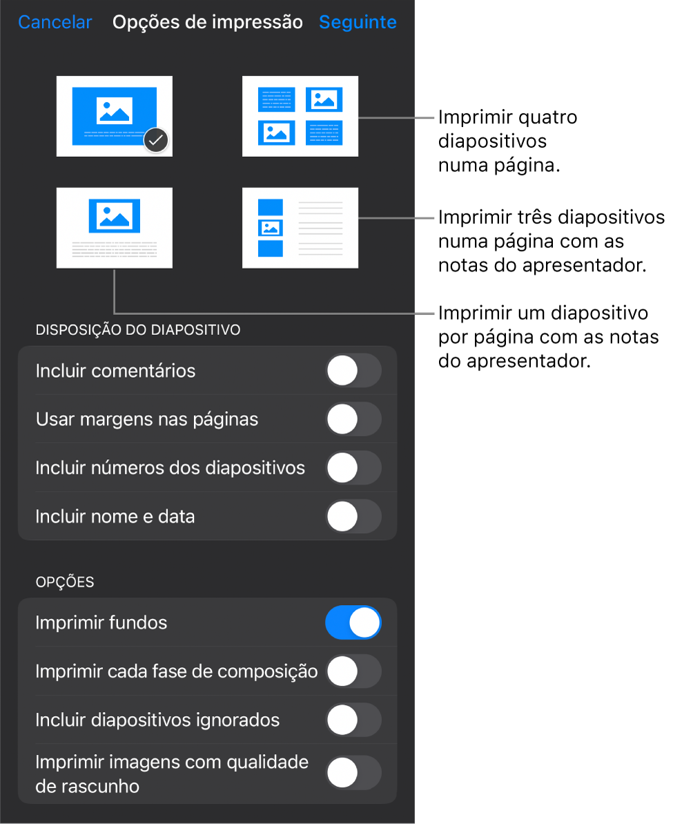 Opções de disposição de impressão.