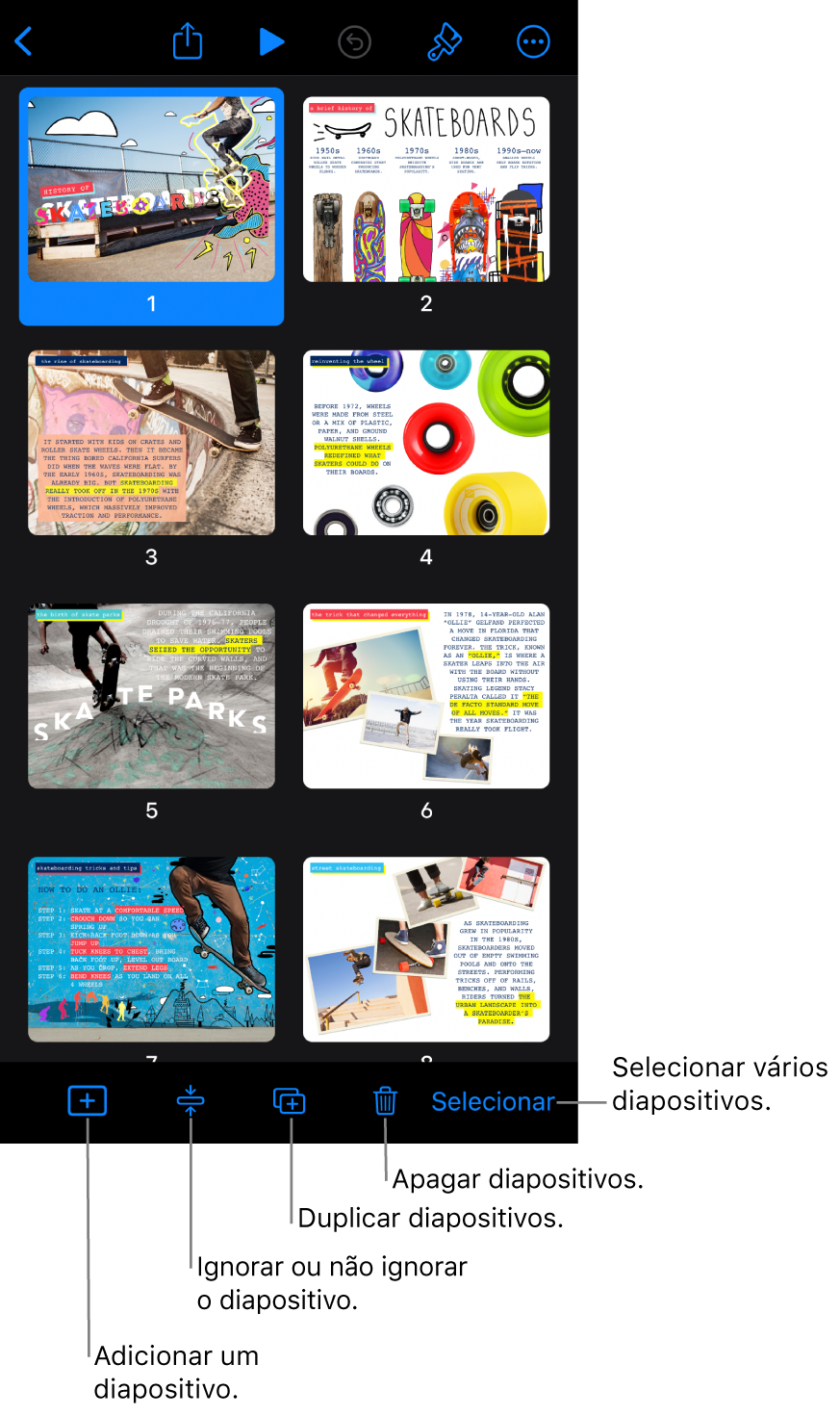 Vista de mesa luminosa com botões na parte inferior do ecrã para adicionar, ignorar, duplicar e apagar diapositivos, e para selecionar vários diapositivos.