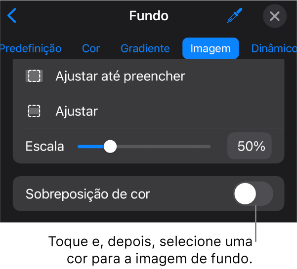 Os controlos de fundo, com uma imagem definida como o fundo do diapositivo e o controlo “Sobreposição de cor” na parte inferior.