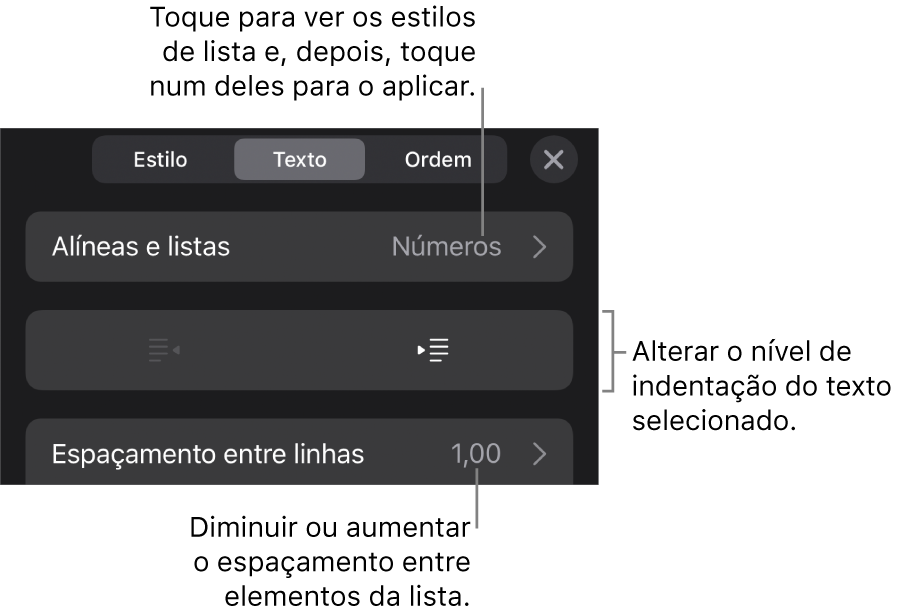 A secção “Marcas e listas” dos controlos de Formatação com chamadas para “Marcas e listas”, botões de remover indentação e de indentação e controlos de espaçamento.