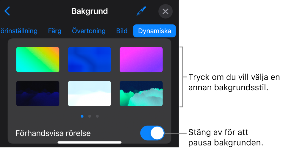 Reglagen för dynamiska bakgrunder med miniatyrer för bakgrundsstilar och knappen Förhandsvisa rörelse synlig.