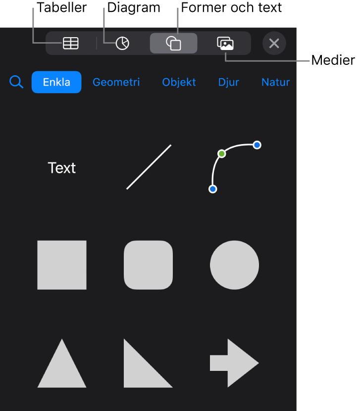 Reglagen för att lägga till ett objekt, med knappar överst för att välja tabeller, diagram, former (inklusive linjer och textrutor) och medier.