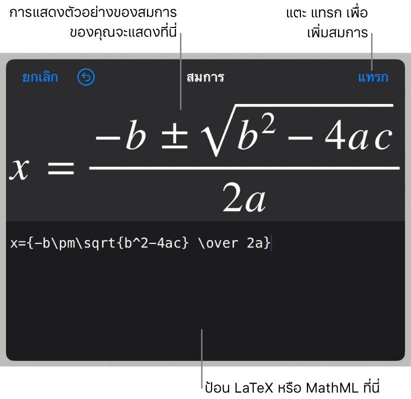 หน้าต่างโต้ตอบสมการ ที่แสดงสูตรกำลังสองที่เขียนโดยใช้คำสั่ง LaTeX และการแสดงตัวอย่างของสูตรด้านบน