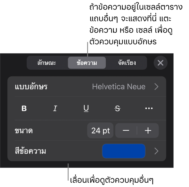 ตัวควบคุมข้อความในเมนูรูปแบบสำหรับตั้งค่าลักษณะ แบบอักษร ขนาด และสีของย่อหน้าและอักขระ