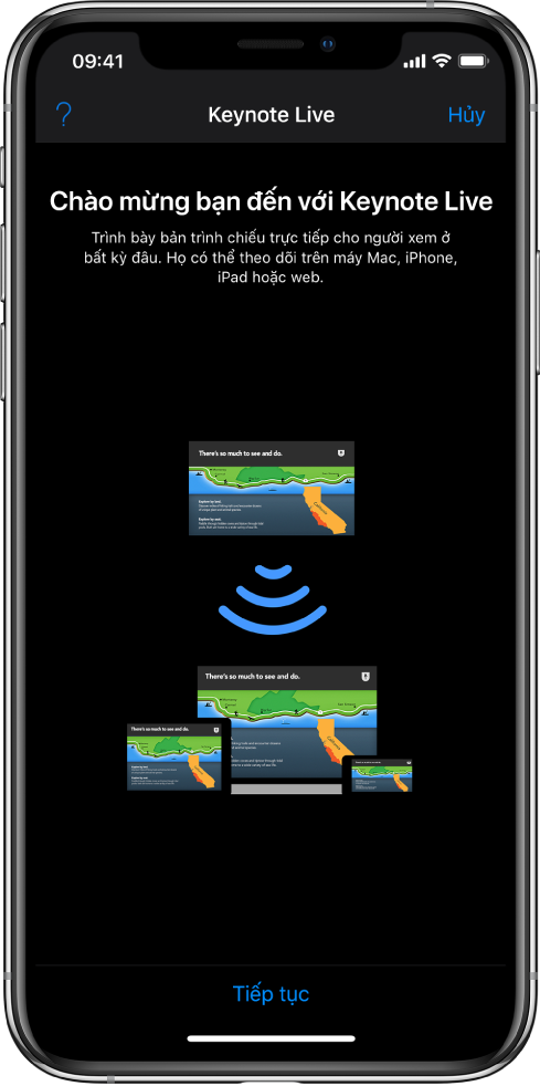Một cửa sổ đang giới thiệu Keynote Live với nút Tiếp tục ở dưới cùng.